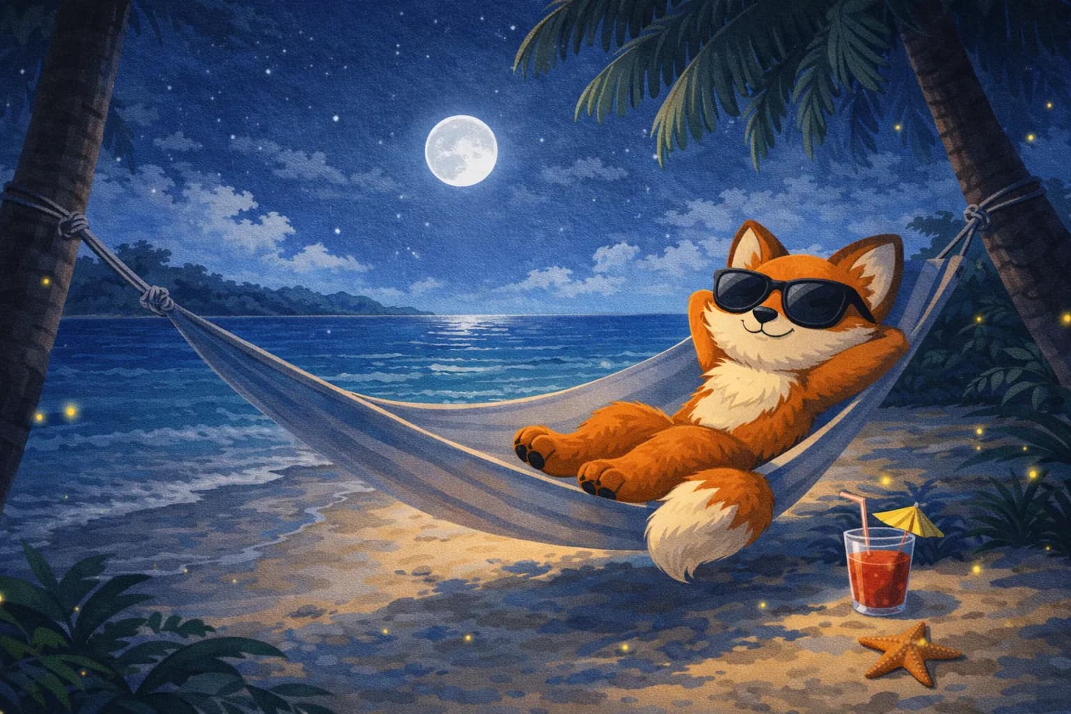Chronis mascot relaxing on a beach at night — AI time tracking while you rest